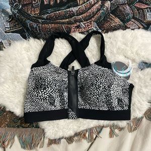 Black Patterned Sports Bra with Zip front and Crossbody back